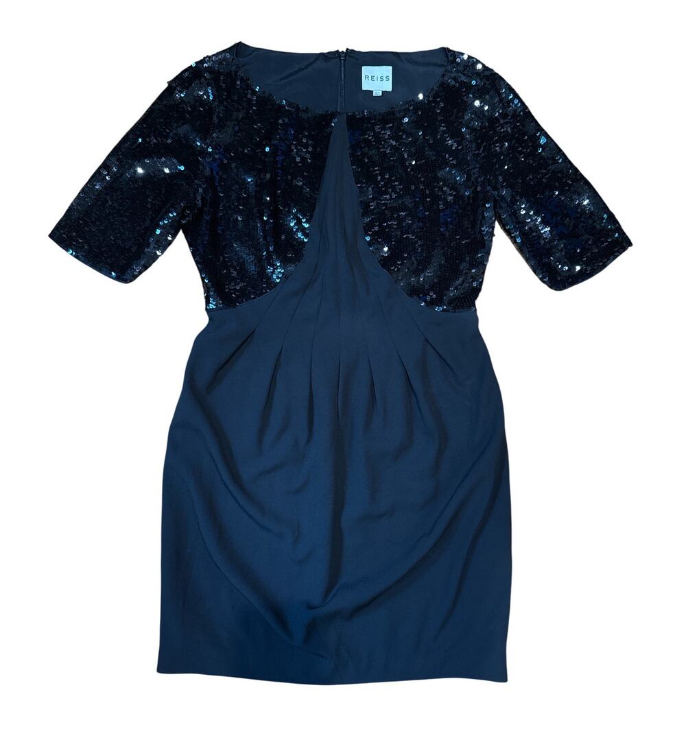 Reiss Sequin Cocktail Dress Womens 6 Black Pleated Party Evening